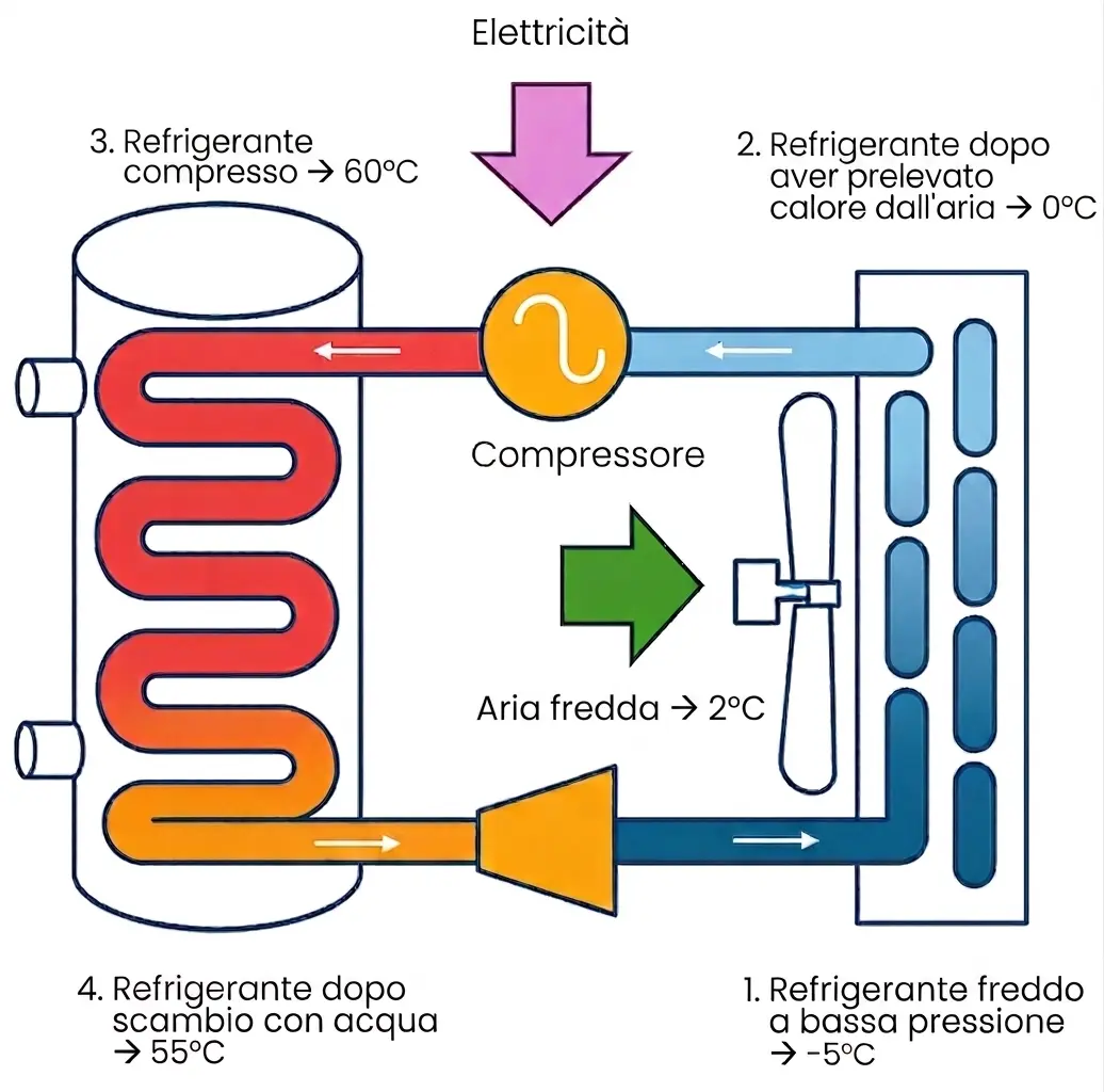 Schema del ciclo termico di una pompa di calore